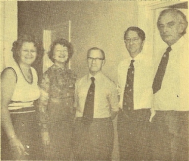 Visiting the Ringing World office during Monday were: (l. to r.) Mrs. Jill Staniforth, Mrs. Lucille Corby. Mr. Will H. Viggers (who conducted the tour of the printing works), Mr. Peter Staniforth and Mr. Philip A. Corby