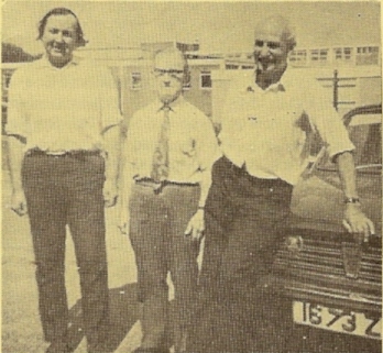 The day after the Council meeting, we were pleased to welcome the editor of Irish Bell News to the Ringing World office. Fred E. Dukes of Drogheda, Louth. Ireland, resting on his car with (left) Iolo Davies and Will H. Viggers
