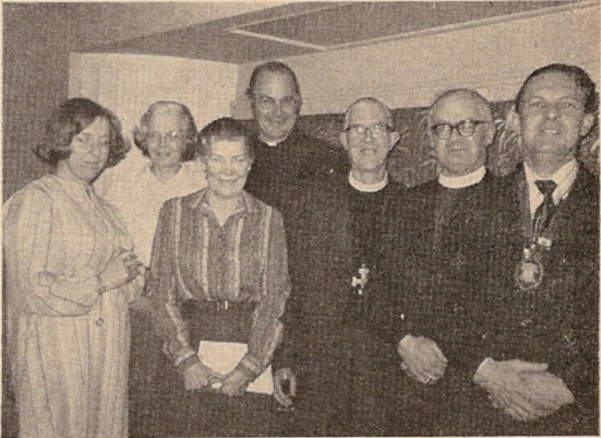 Elizabeth Savory, Clare Scott, Sylvia Felstead, John Scott, Ken Felstead, the Bishop, Roger Savory
